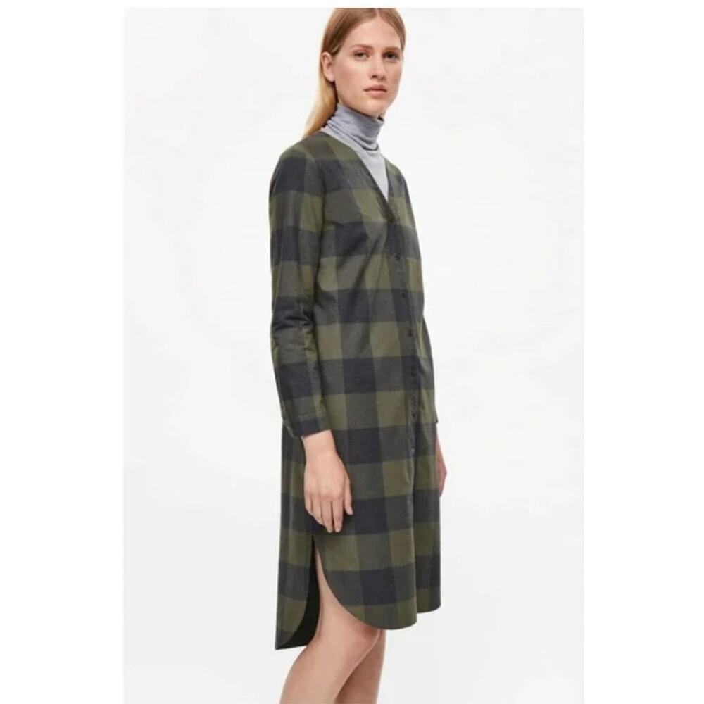 COS Plaid Tunic Shirt Dress Cotton Long Sleeve Minimalist Olive Sz 42 lagenlook